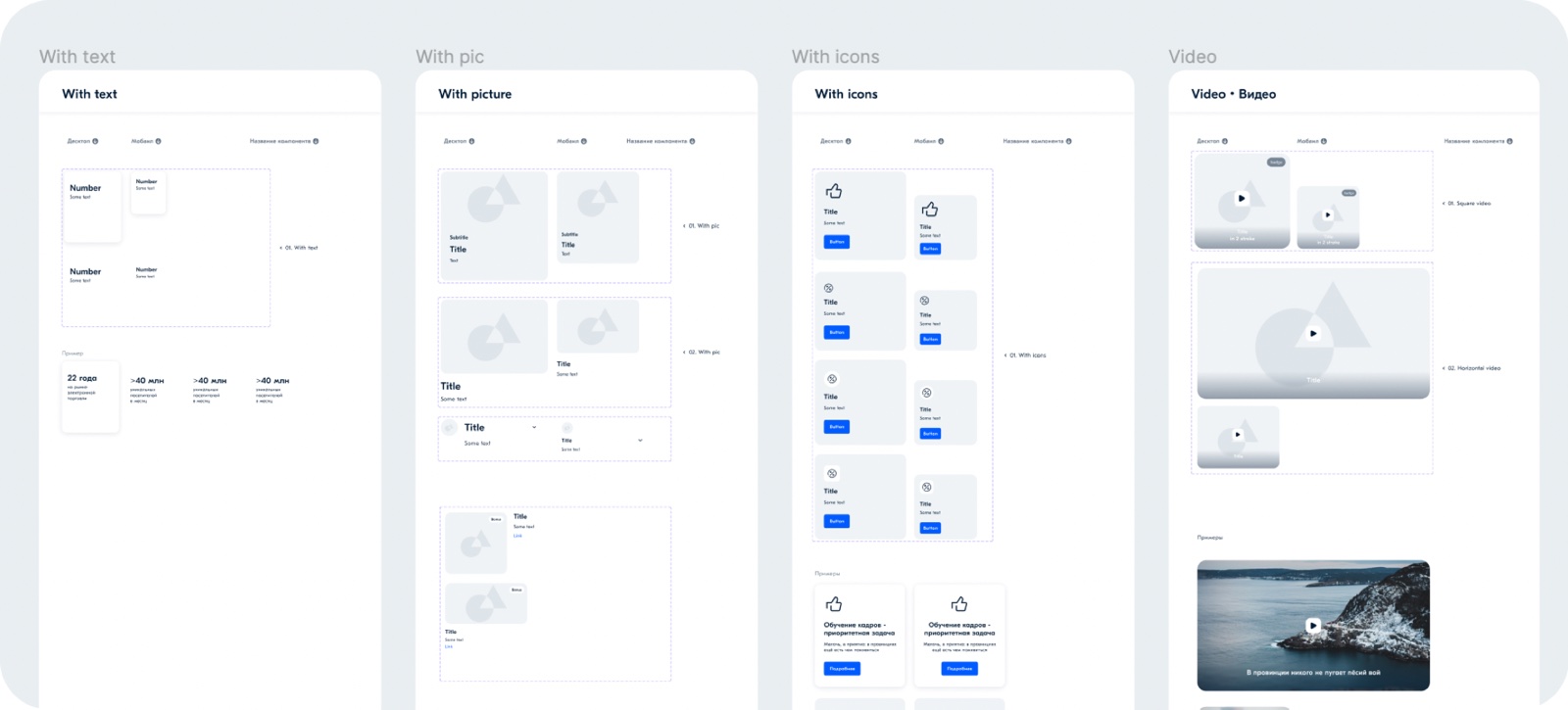 Фрагмент старого UI kit: блоки с текстом, картинками, иконками и видео