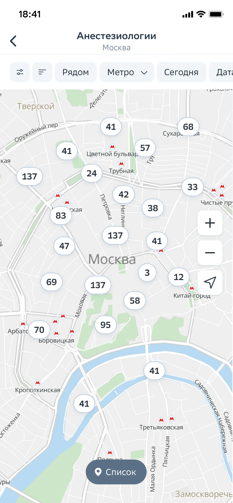 Карта Москвы с кластерами клиник